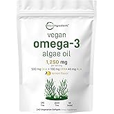 Micro Ingredients Vegan Omega 3 Algae Oil, 240 Veggie Softgels | Fish Oil Alternative | DHA 500mg & DPA 100mg | Carrageenan Free | Plant-Based Omega 3 with Flaxseed & ALA | Lemon Flavored