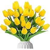 Eternal Blossom 24pcs Yellow Tulips Artificial Flowers, 13.4" Artificial PU Flowers Fake Tulips for Spring Mother's Day Easter Valentine’S Day Gifts in Home Kitchen Wedding Dining Table Decorations