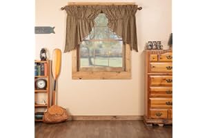 VHC Brands Rustic Cedar Green Plaid Cotton Ridge Kitchen Curtains Rod Pocket Drawstring Ties Prairie Swag Pair