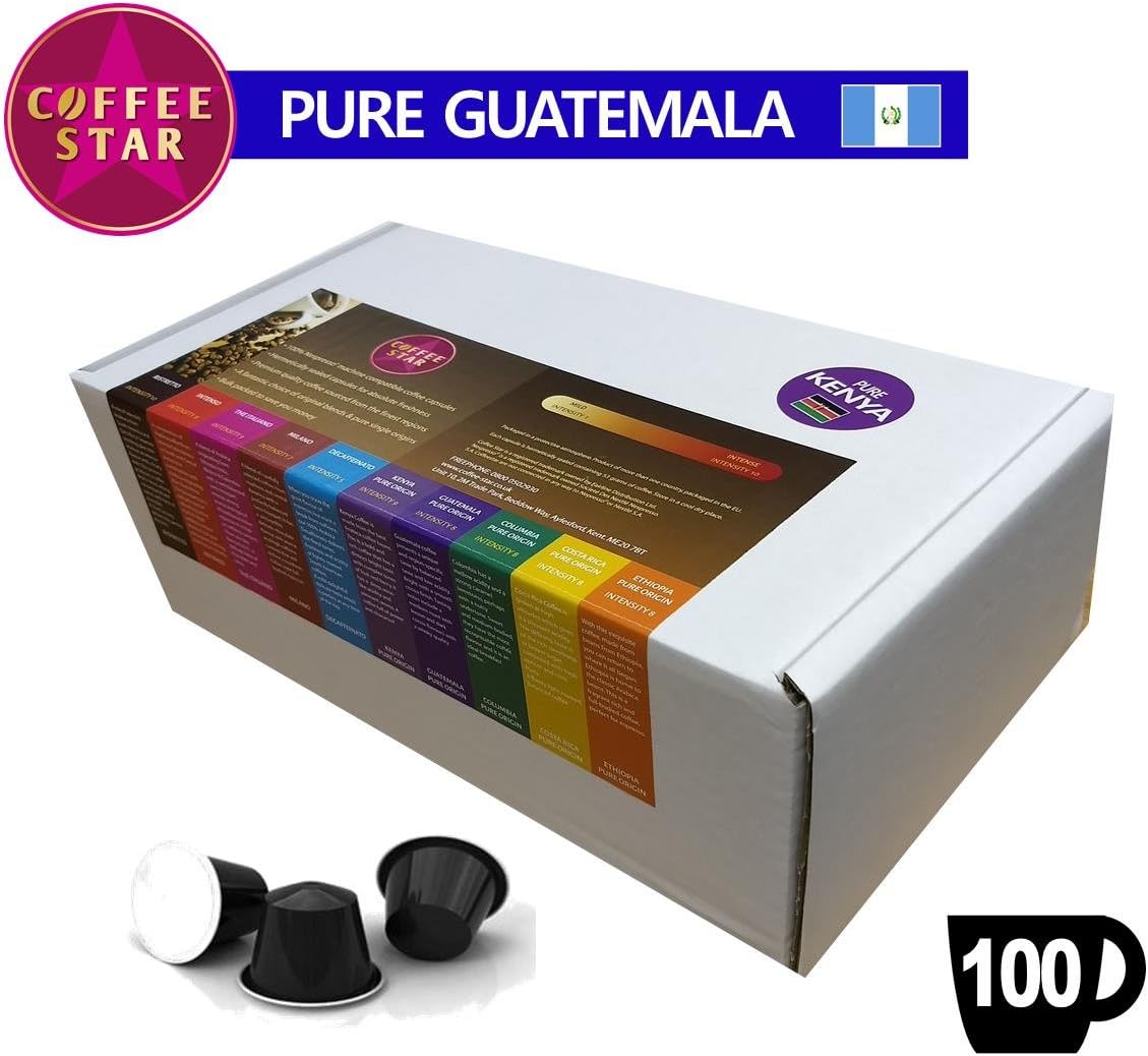 100 Coffeestar Guatemala Single Origin Nespresso Compatible Capsules - Medium Roast, Smooth Cocoa Smoky Finish - Intensity 8