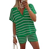 Tankaneo Womens 2 Piece Outfits Striped Knit Summer Sets V Neck Short Sleeve Tops and Shorts Lounge Matching Set