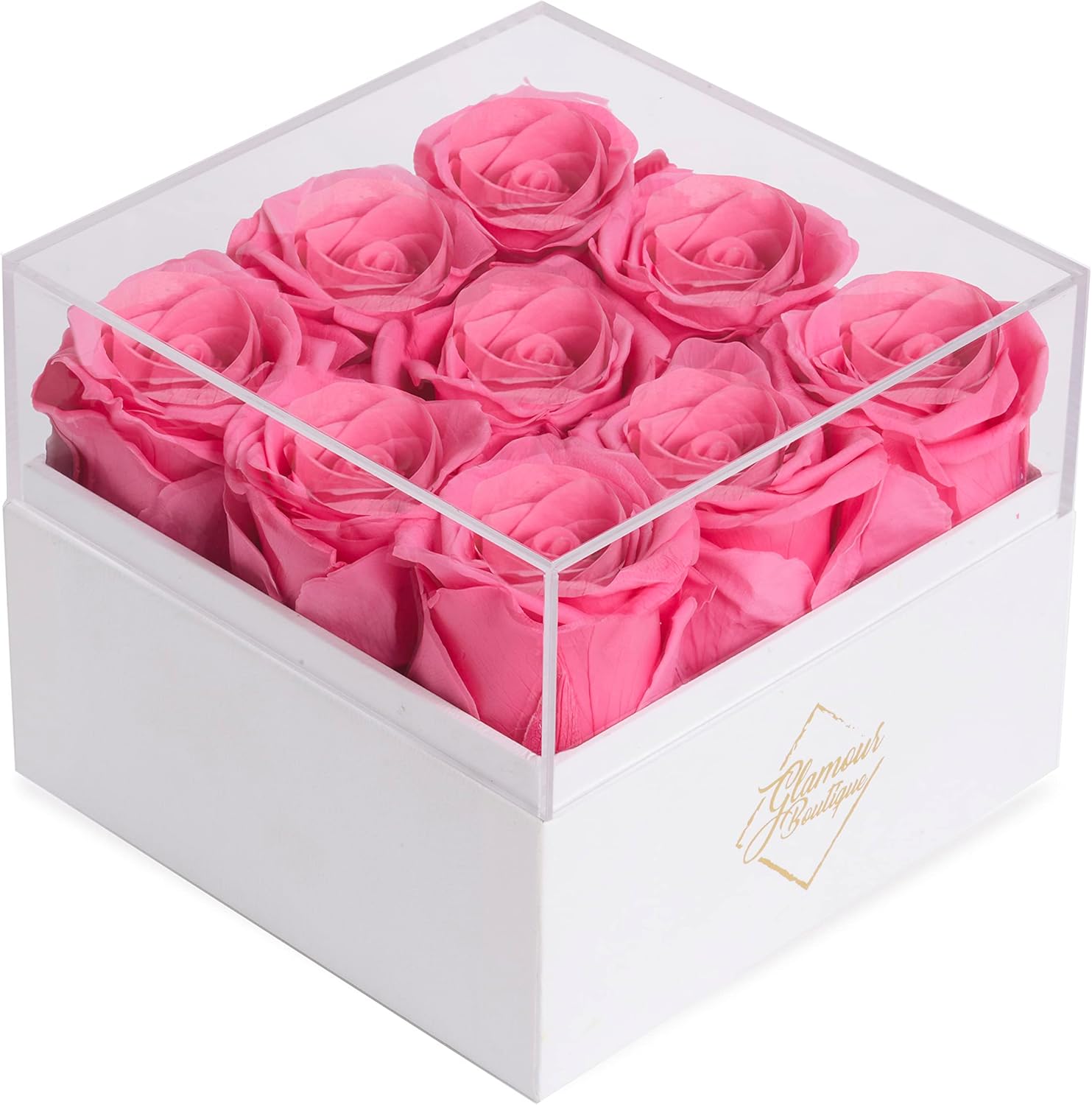 Dried & Preserved Flora - GLAMOUR BOUTIQUE Preserved Roses in a Box - Valentines Day Gifts for Her & Mom, 9-Piece Rose Flowers Decor for Birthday Gift, Cased in White Box with Acrylic Cover, 5.5