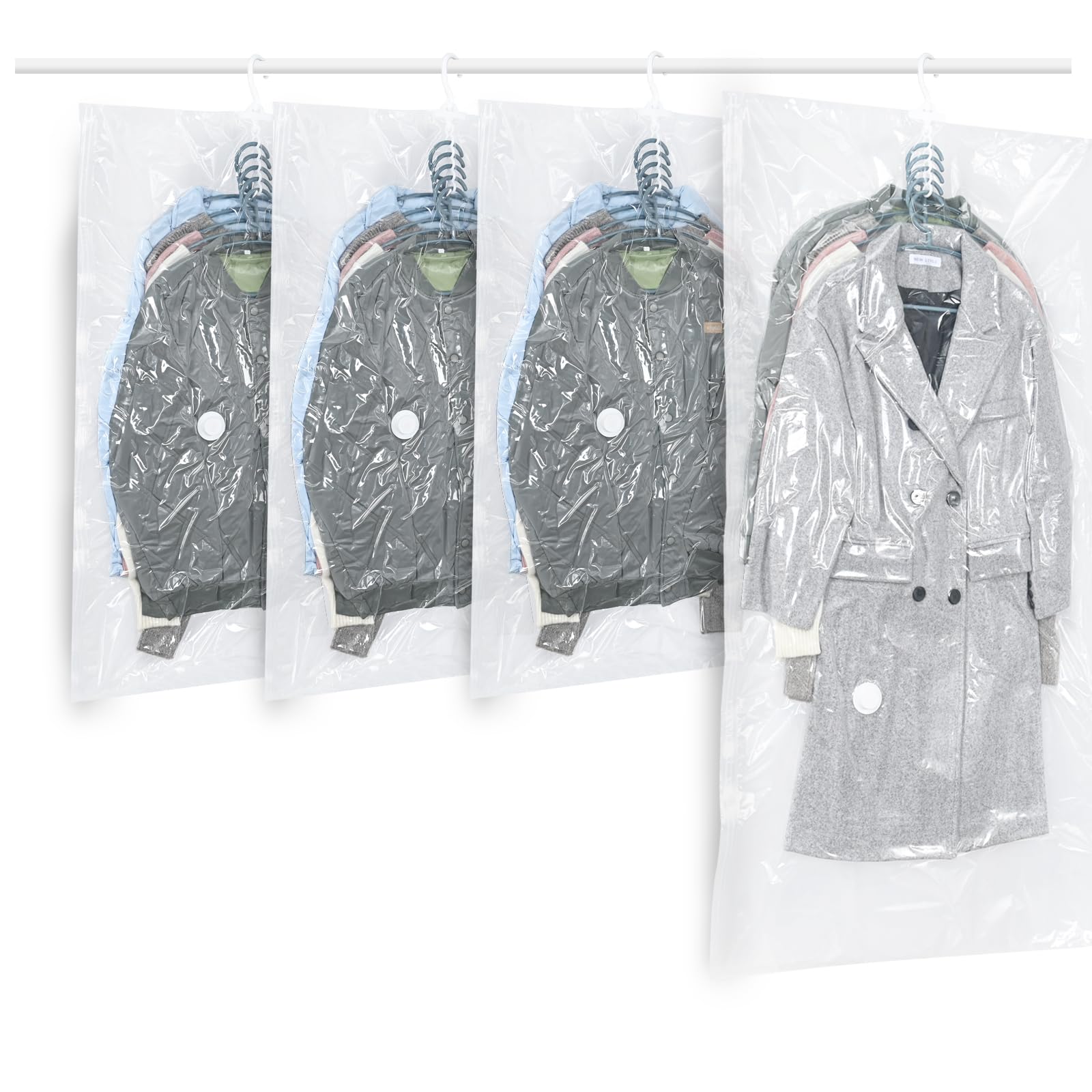 Hanging Vacuum Storage Bags, ZWMYF 4 PCS Space-saving Vacuum Bag for Clothes, Suits, Dresses, Coats or Jackets, Clear & Reusable Closet Organizer(1 Long 145x70cm & 3 Short 105x70cm)