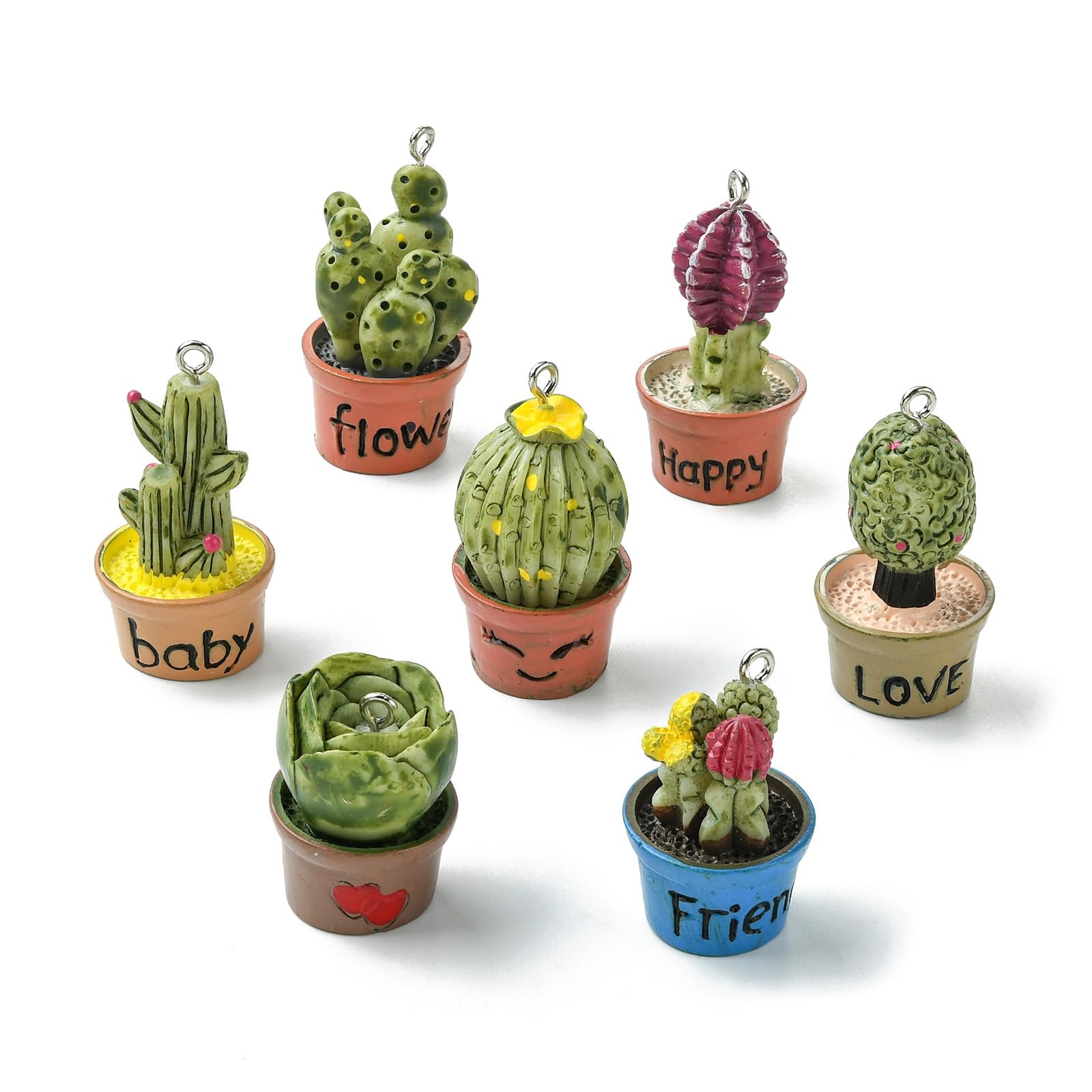 Stiesy 14Pcs 7 Styles Cactus Charms Resin Cactus Pot Pendants Charms 3D Potted Plants Dangle Charms for Jewellry Making DIY Bracelet Crafting