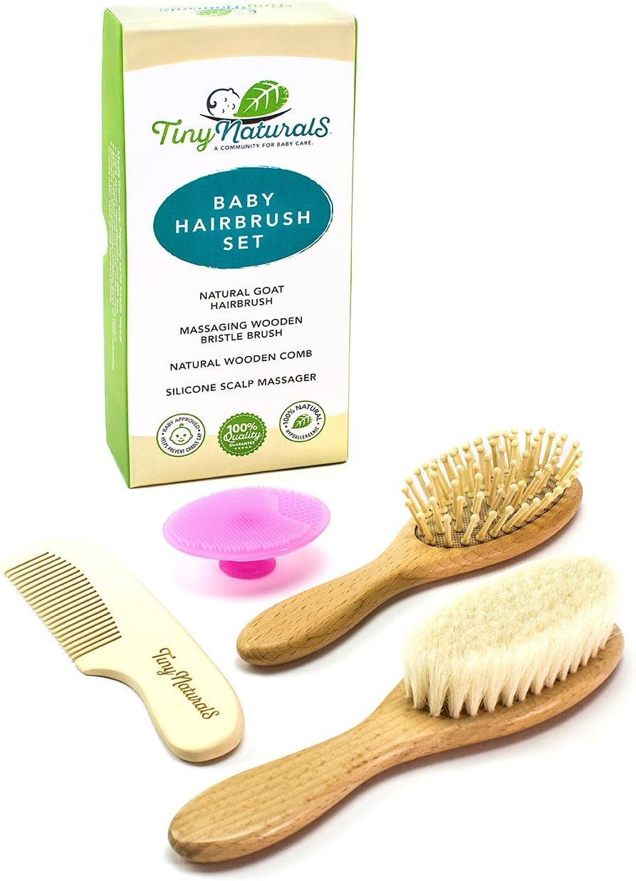 4-Piece Wooden Baby Hair Brush and Comb Set with Ultra Soft BPA Free Silicone Scalp Shampoo Brush for Newborns and Toddlers | Natural Soft Goat Bristles for Cradle Cap | Perfect for Baby Registry
