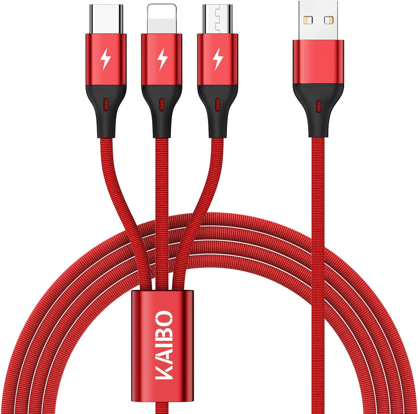 Multi USB Charging Cable, KAIBO 4ft/ 1.2m Nylon Braided 3 in 1 multi Charger Cable with Micro USB Type C Connector for Phone Xs Xr X 8 7 6 SE, Samsung Galaxy, Huawei, Xiaomi, Sony, Kindle, Echo Dot