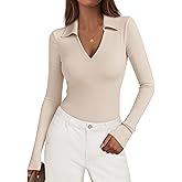 KIRUNDO Polo Shirts for Women Long Sleeve Business Casual Tops 2026 Spring Fall Ribbed Knit Collared V Neck Slim Work Blouses