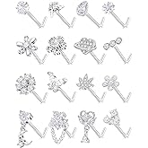 Tornito 16Pcs Nose Rings L Shaped Nose Stud Stainless Steel Butterfly Flower Leaf Heart Moon Dangle Nose Stud Ring Body Piercing Jewelry for Women Men 20G Pink Blue Clear CZ