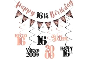 KIRCIRX 16th Birthday Decorations for Girls, Black Rose Gold Happy 16th Birthday Banner Vintage 2009 Hello 16 Decorations Kit Hanging Swirls Sixteen Year old Bday Party Supplies