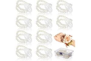 BOARDFEB Corsage Wristlet Band 16 Pcs Elastic Pearl Bracelet Wrist Corsage Bracelets DIY Flower Bracelet with Storage Box for Bride Prom Accessories Wedding Party Decorations