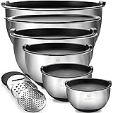 Mixing Bowls Set of 6, Premium Stainless Steel Nesting Bowls with Airtight Lids , Size 5, 4.5, 3, 2.5, 1.5,1.2 QT, 3 Grater A