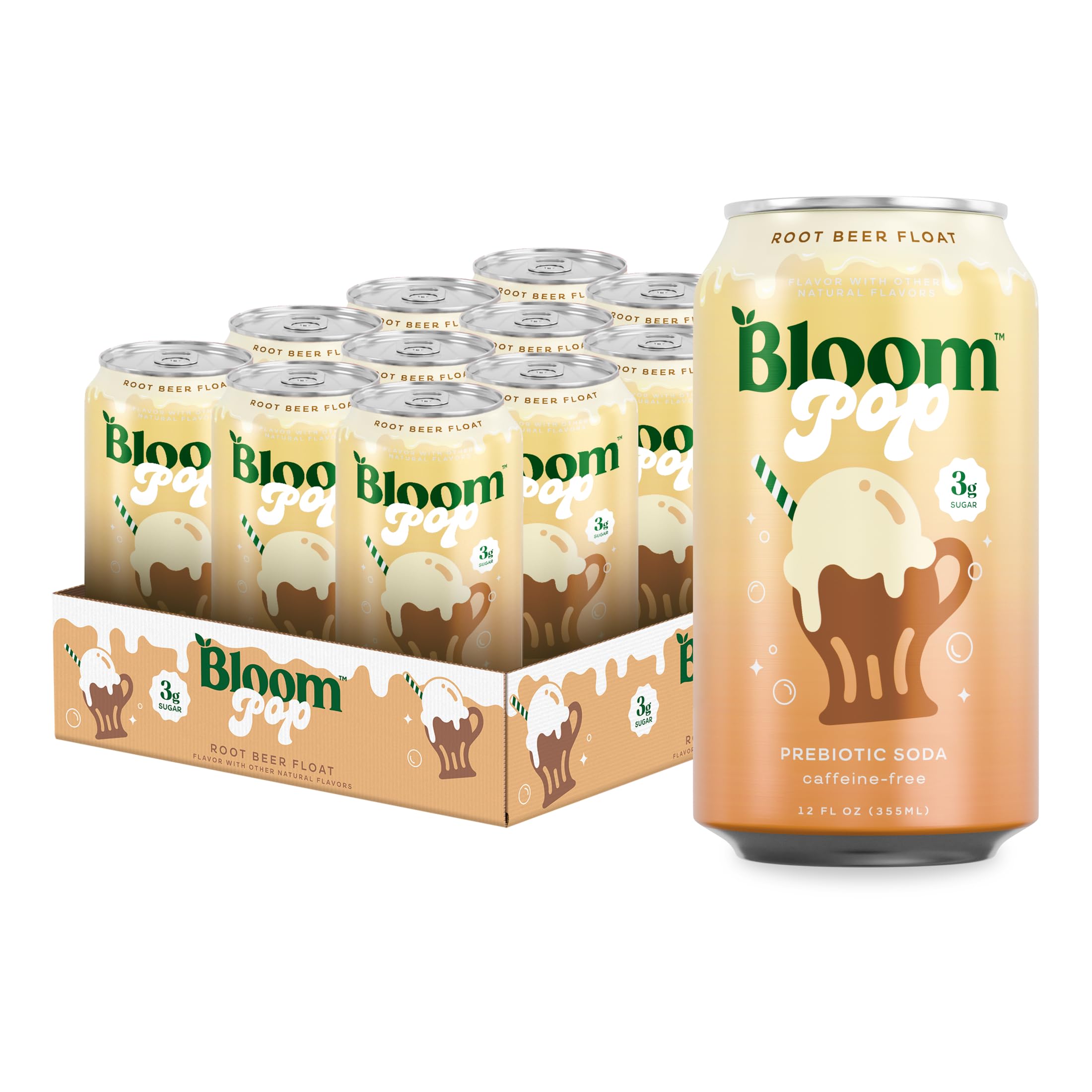 Bloom Pop Prebiotic Soda 12 Pack, Rootbeer Float Flavor, 12oz Cans | Prebiotic Soda for Gut Health, Low Calorie Soda, No Caffeine, Healthy Soft Drink Alternative Image