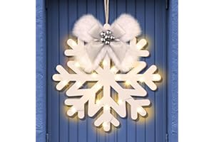 Glooglitter Snowflake Wooden Door Sign with LED Light Winter Lighted Snowflake Wreath for Front Door Wall Porch Light up Flake Hanger for Winter Xmas Indoor Outdoor Window Decoration(Cute)