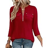 LOMON 3/4 Length Sleeve Womens Tops Business Casual Zip Front V Neck Shirt Loose Fit Work Tunic Blouse