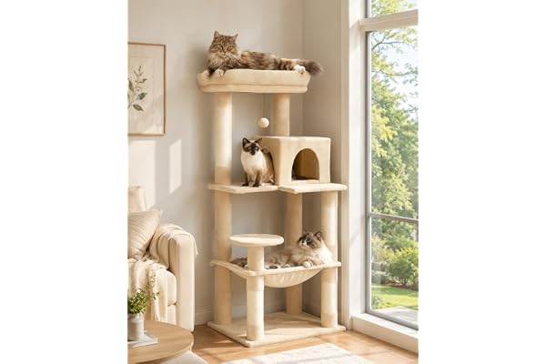 PEQULTI Cat Tree for Large Cats with Metal Frame Big Hammock, Cat Tower for Indoor Cats with 2 Door Condo House, [56.3"=143cm