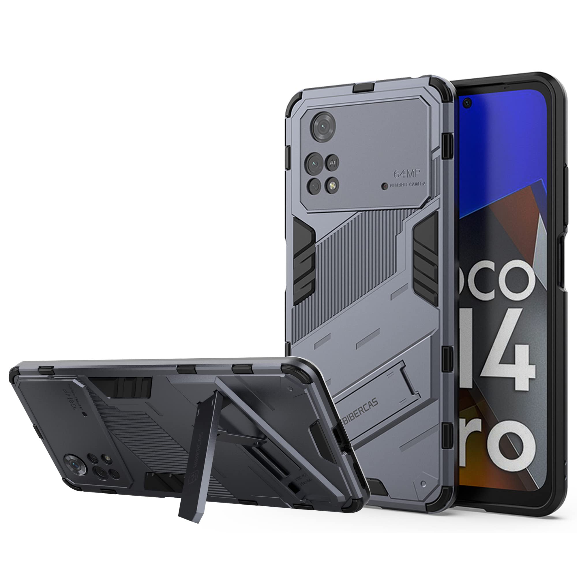 ESTH® Case for Xiaomi Poco M4 Pro 4G with Expanding Stand and Shockproof TPU Bumper, [Military Grade Anti-Fall Protection], Cover Compatible with Magnetic Car Mount, Grey