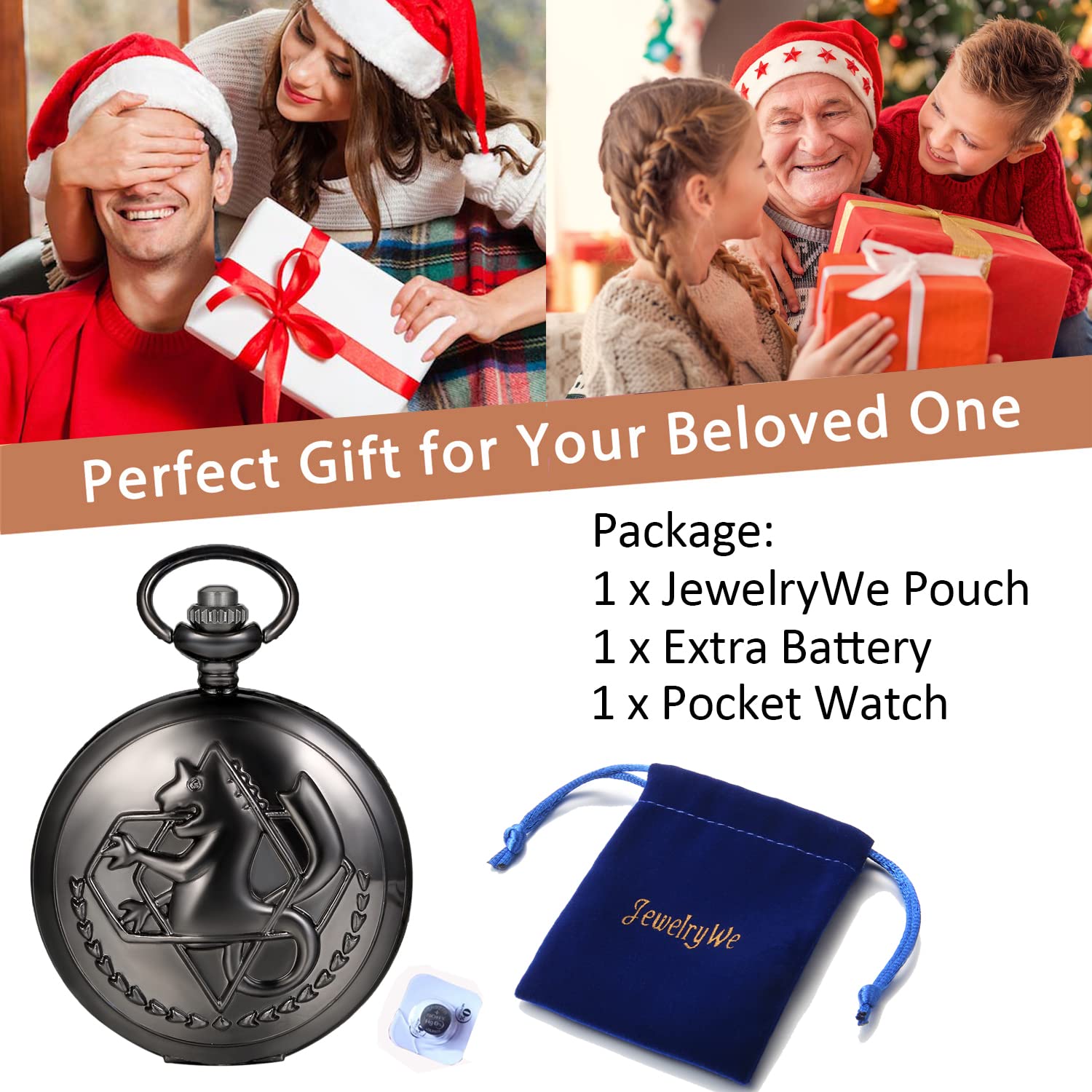 JewelryWe Vintage Fullmetal Alchemist Edward Elric's Pocket Watch Black with 31.9 Inches Chain for Christmas