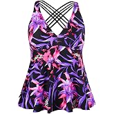 Firpearl Women Tankini Swimsuits Cross Back Flowy Swim Tops Modest Swimwear | Modest V Neck Bathing Suit Top Only,Built-in Molded Bra Cups,Tummy Control Tankini Top