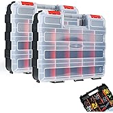 AMM Tool Box, Double Side Tool Box Organizer with 34 Compartments, Removable Dividers, Tackle Box Small Parts Screw Hardware Organizer for Screws, Nuts, Nails and Bolts (2 Piece, Red)