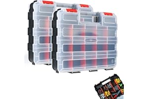 AMM Tool Box, Double Side Tool Box Organizer with 34 Compartments, Removable Dividers, Tackle Box Small Parts Screw Hardware Organizer for Screws, Nuts, Nails and Bolts (2 Piece, Red)