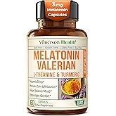 Melatonin 3mg Sleep Aid with L-Theanine & Valerian Root – Turmeric Curcumin Supplement with Ginger & Black Pepper – Organic Turmeric Supplement for Sleep, Calm and Stress Relief Support – 60 Capsules