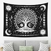 Tree Of Life Tapestry Wall Hanging, Sun And Moon Aesthetic Phase Galaxy Star Black And White Tapestries Nature Aesthetic Home Decor For Living Room Bedroom 80x60 Inch