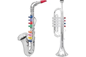 Click N' Play Toy Trumpet and Toy Saxophone Set for Kids - Create Real Music - Safety Tested BPA Free - Silver Finish Kids Trumpet w/ Color Keys Real Notes - Start Instrument Band w/ Toddler Trumpet