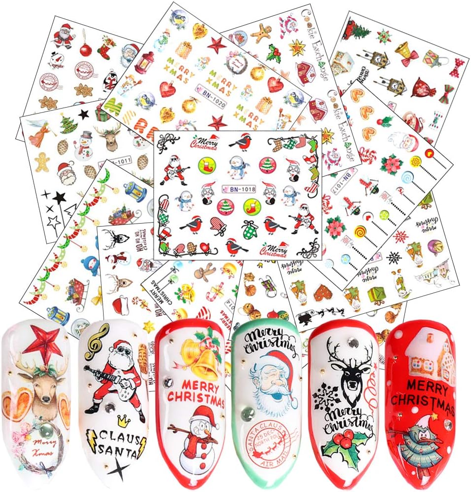 Christmas Nail Art Stickers Winter Xmas Nail Decals 12 Sheets Santa Claus Snowman Bell Elk Tree Sock Snowflake Water Transfer Nail Tattoos DIY Nail Art Accessories for Women Fingernails Decorations