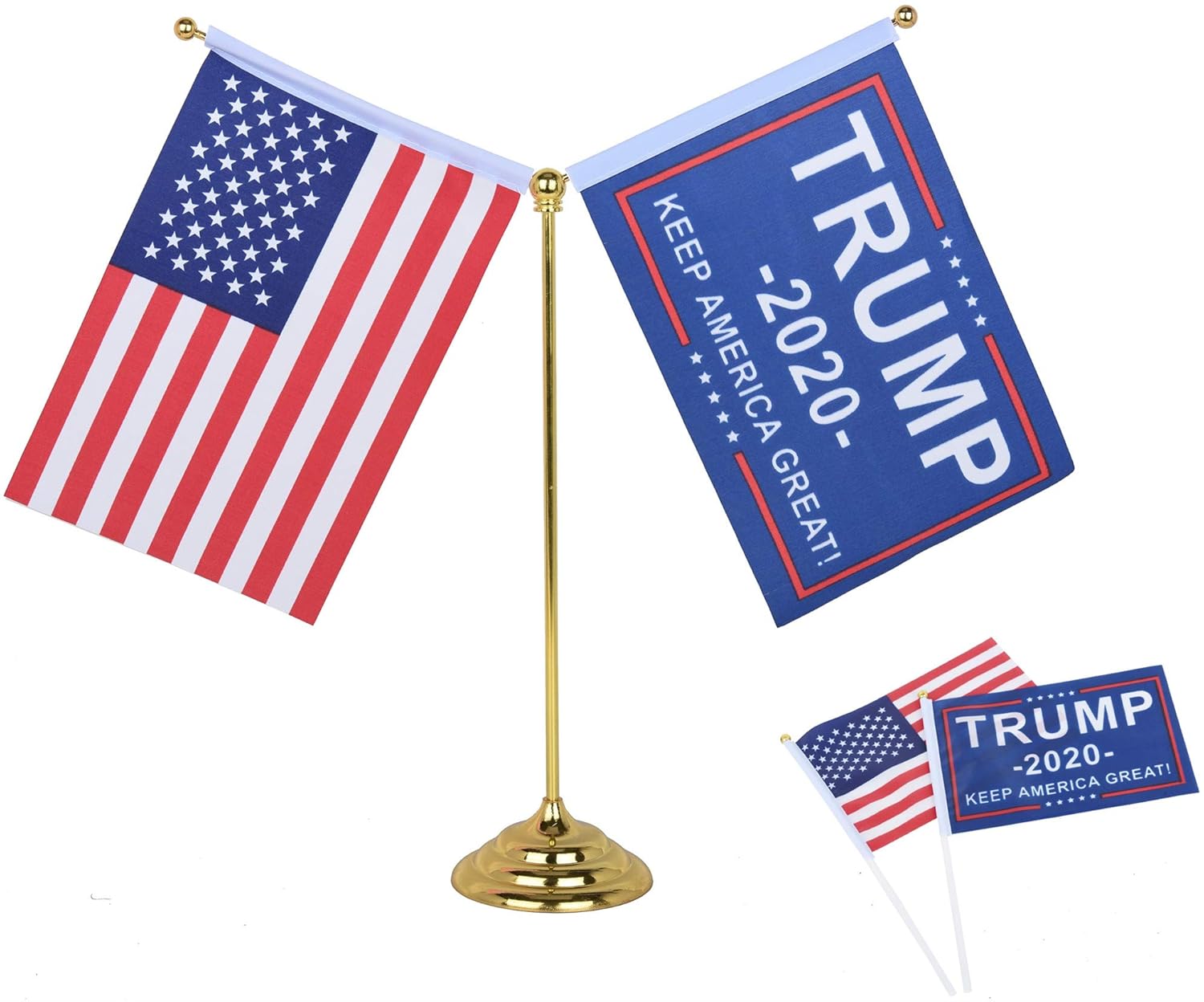 VARWANEO President Donald Trump Table Flag, President Donald Trump Desk Flag Holder (with Base and 4 Flags), can be Hand-held, Used for Office and Home Decoration, parades, Election Day Celebrations.