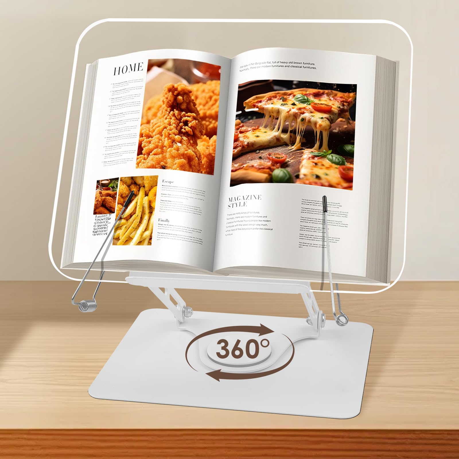 Foyucool Book Stands for Reading, Height Adjustable, Foldable Book Holder, with 360° Swivel Base and 90° Swivel Page Clips, for Music Scores, Magazines, Recipe, Laptop, Acrylic