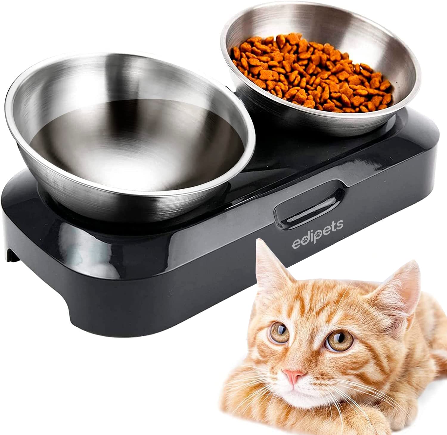 Edipets, Cat Dog Pet Feeder, Double Stainless Steel Bowl, with Angle Adjustable 0 and 15°, Pet Bowl Puppy, Small, Medium, Large (Stainless Steel)