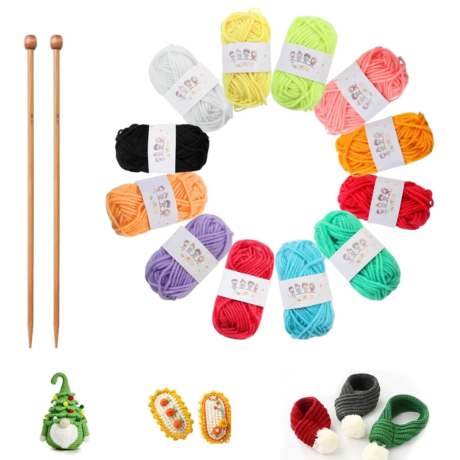 YREYBN 12pcs Knitting Kit, Beginners Adults Children Knitting Set, Dishcloth Knitting Kit - 12 Colours Yarn & 2 Bamboo Knitting Needles, Suitable for Adults Children DIY Weaving Handmade Artworks