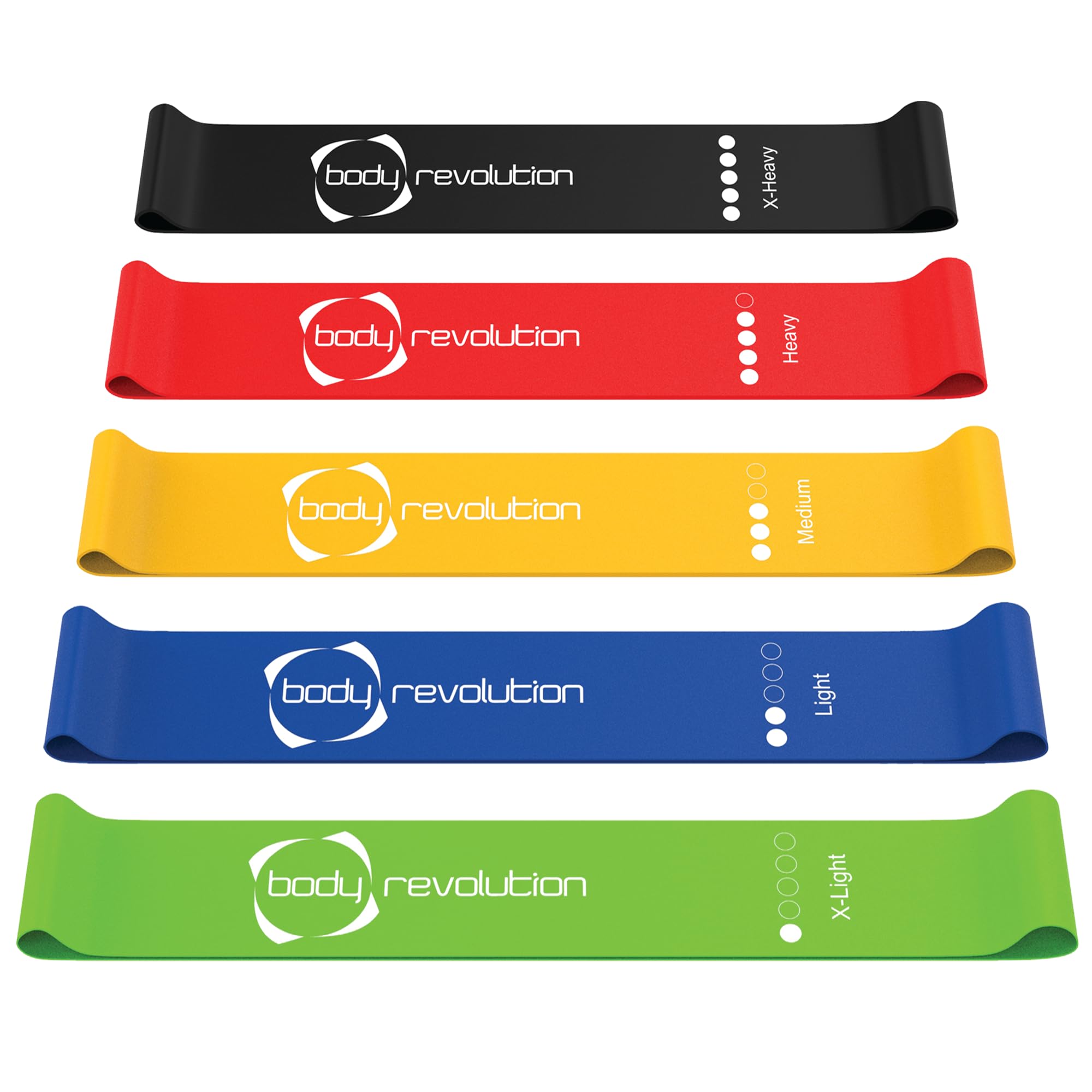 Body Revolution Resistance Bands - Set of 5 Skin-friendly Latex Exercise Loop Bands for Strength Training, Physiotherapy, Pilates and Stretching - Resistance Levels X-Light - X-Heavy, 600mm x 50mm