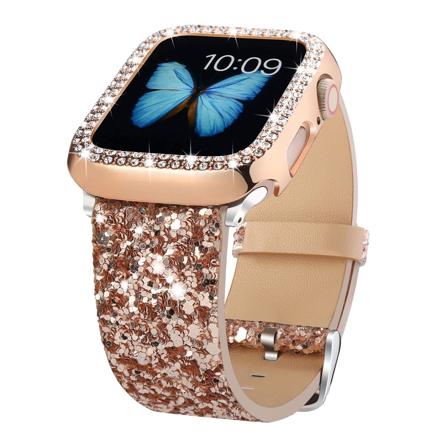 Bling Bands Compatible with Apple Watch Band 38mm 40mm 42mm 44mm + Case, Women Glitter Leather Strap with Bling Diamond Protector Cover for iWatch Series 6 5 4 3 2 1 SE Sport Edition (Rose Gold, 42mm)