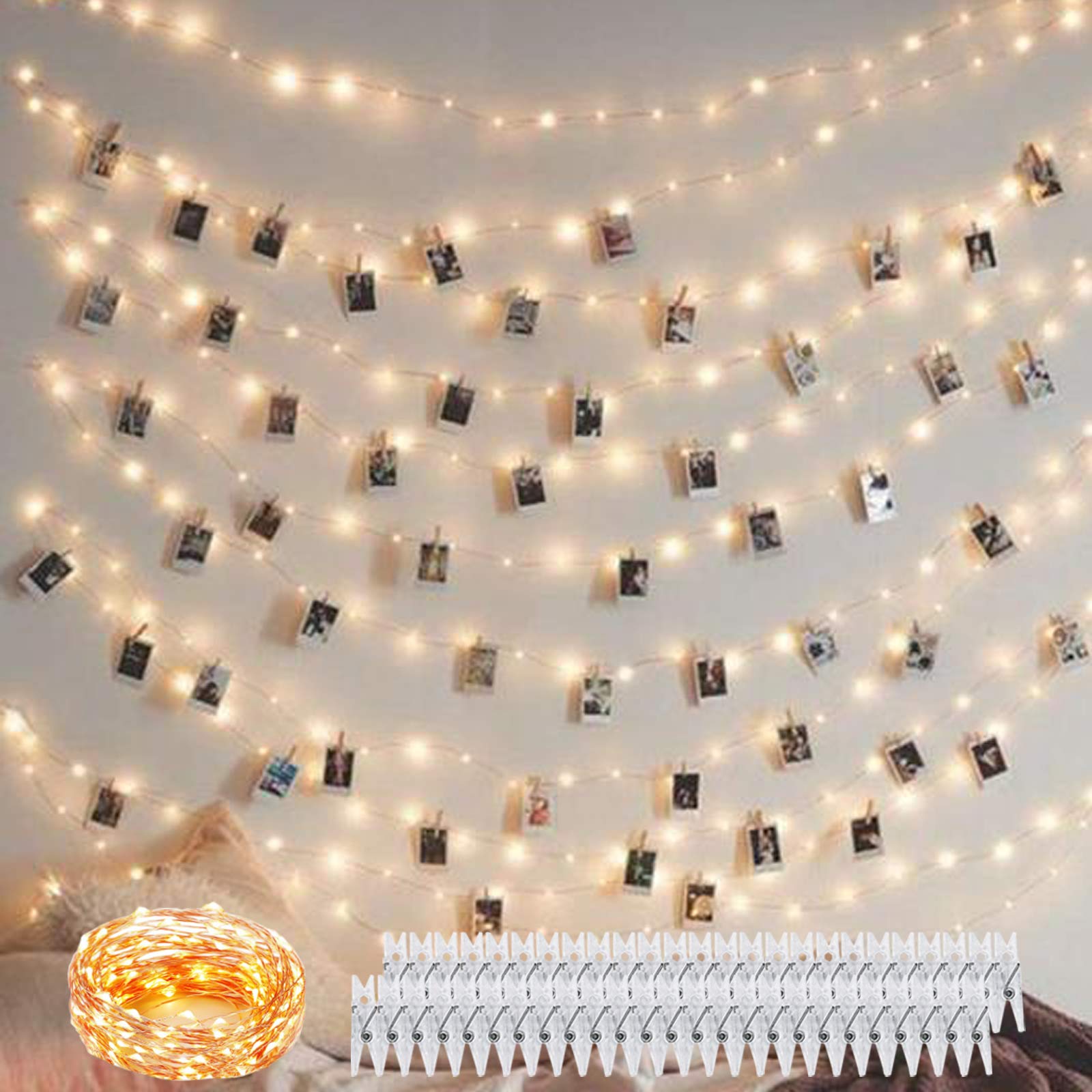 Decuteuk 100 LED 50 Photo Clips Fairy String Lights Holder 33FT Starry Copper Lights for Hanging Pictures Cards Memos USB Powered with Switch for Bedroom Wedding Dorm Christmas Decor Warm White