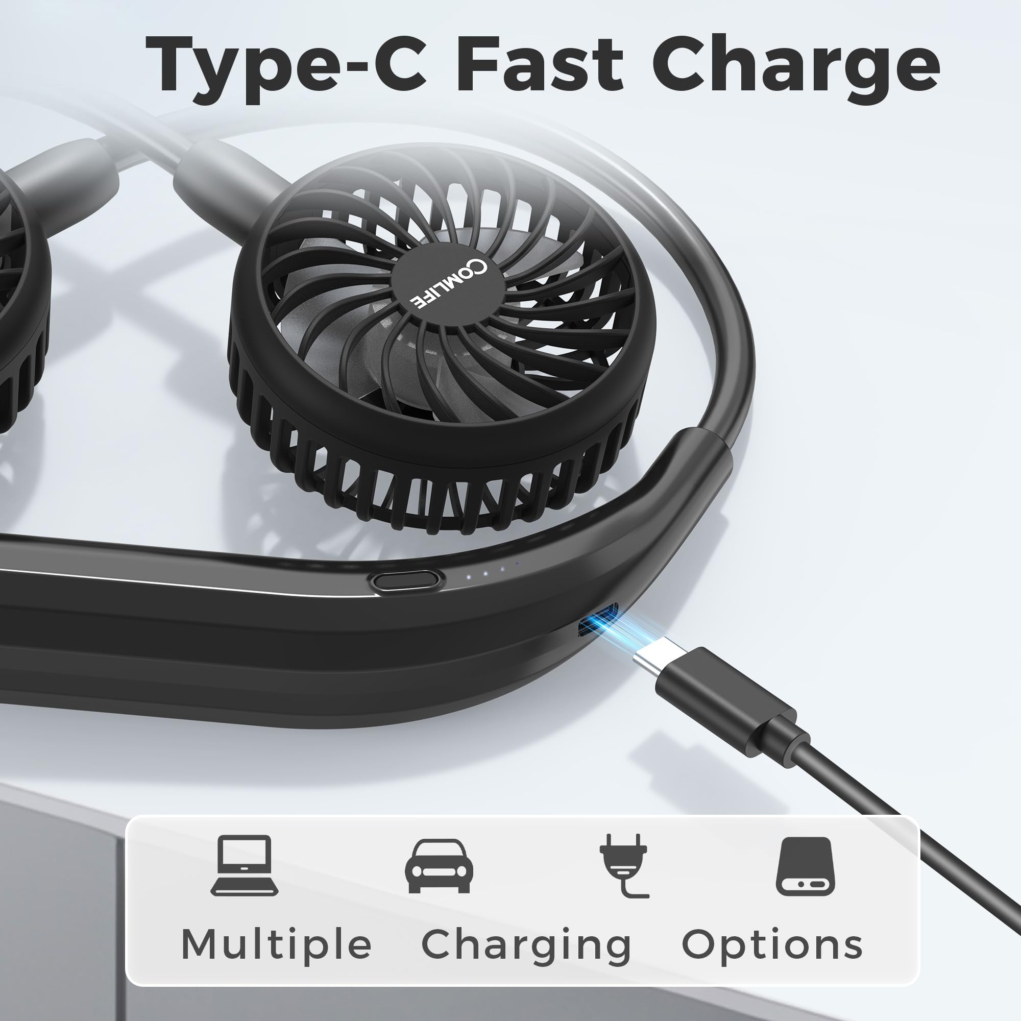 Portable Neck Fan, 2600mAh Battery Operated Ultra Quiet Hands Free USB Fan with Strong Wind, 360° Adjustable High Flexibility Wearable Personal Fan for Home Office Outdoor Travel (Black)