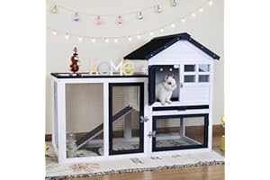 Nicedday Rabbit Hutch Bunny Cage Indoor/Outdoor, Small Chicken Coop, with Metal Mesh Floor & Removable Tray, Secure Sliding Door, Chew-Resistant Rug Ramp