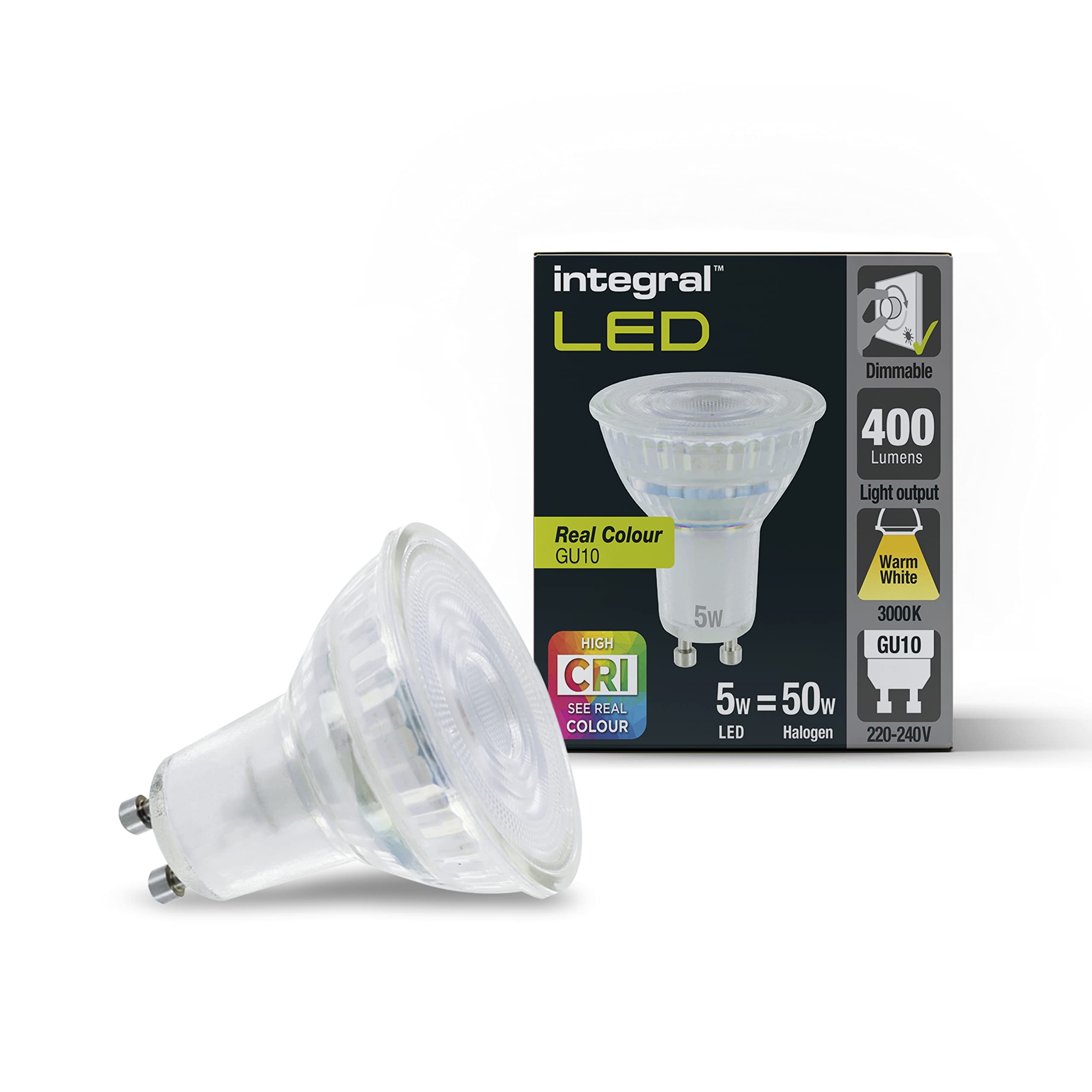 Integral LED 5 Packs Real Colour Premium GU10 dimmable Warm White Bulb – Reveal The Real Colours in Your Home (CRI95) with The Closest GU10 to Natural Sunlight, AMILGU10DD112-5
