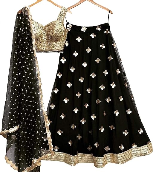 Womens Net Lehenga Choli (Yf-149, Black, 30W x 34L)