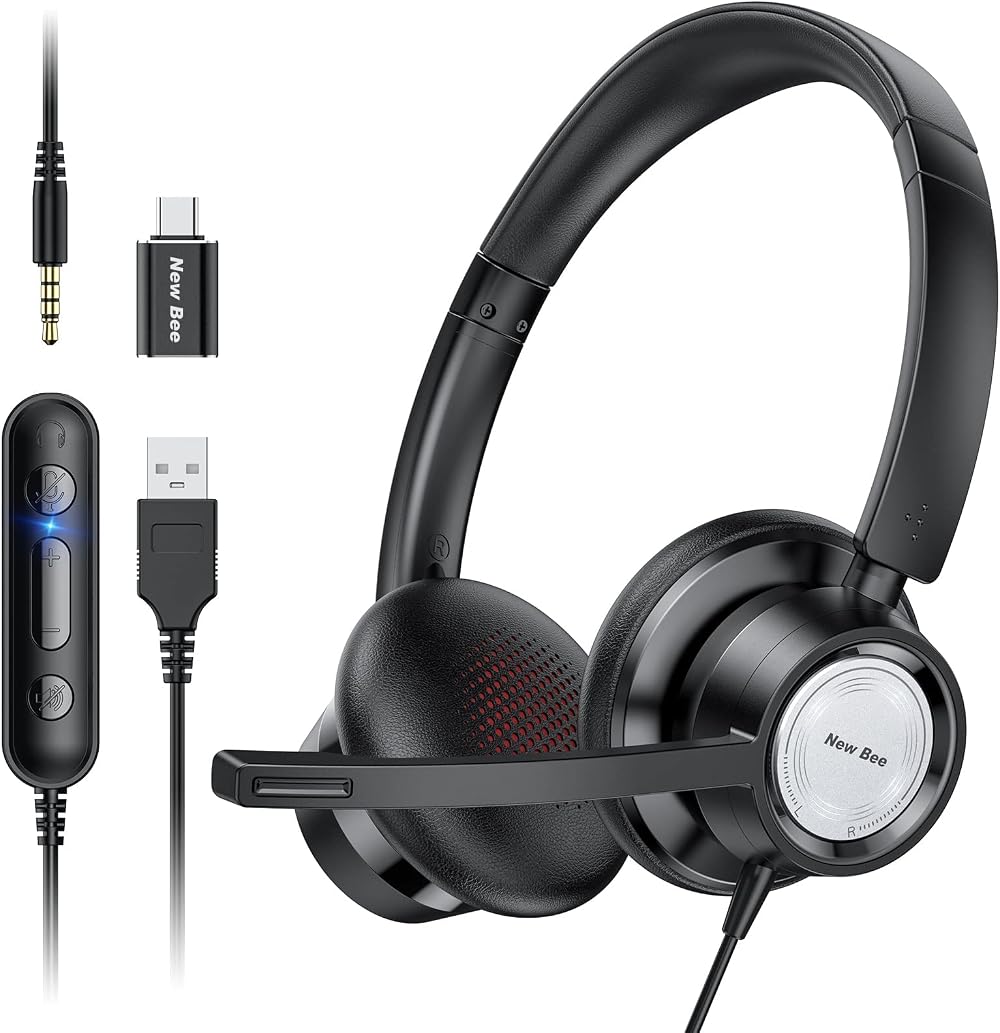 New Bee H362 USB Headset Microphone Type C 3.5mm for Call Center PC Conference