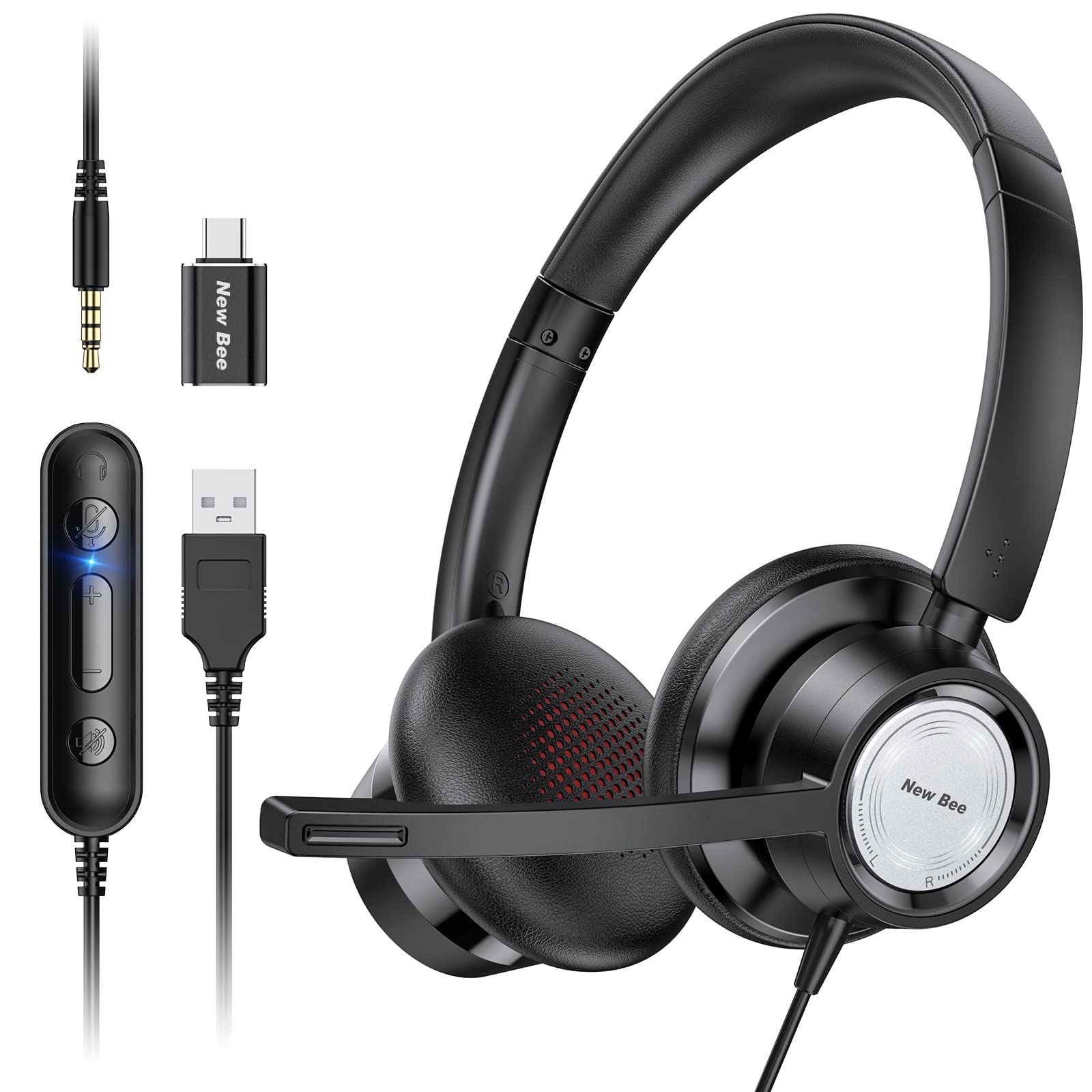 New Bee USB Headset with Microphone, Headphones with Microphone,PC Headset USB Type-C 3.5 mm for Call Centre/Telephone Conferencing/Skype Chat/Online Courses (black)