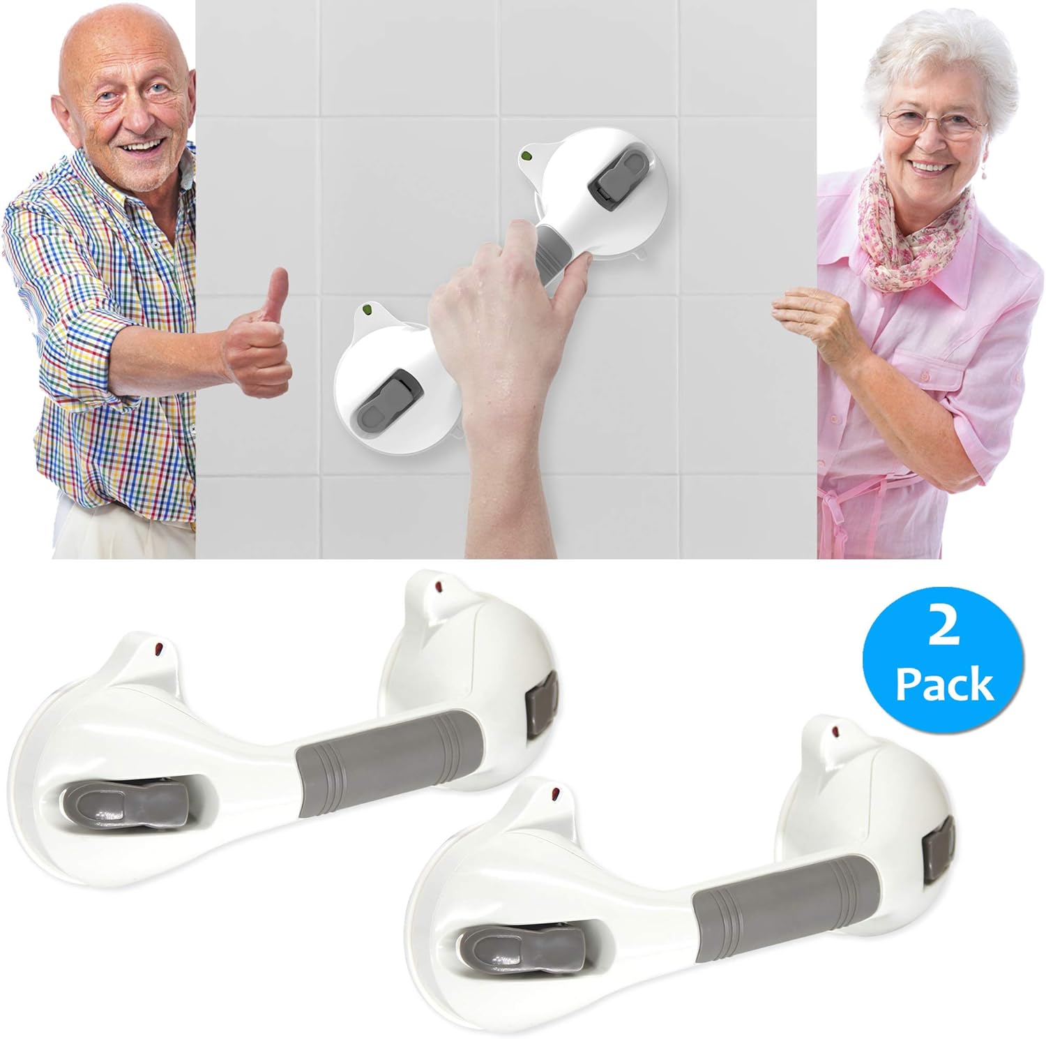AmeriLuck Suction Bath Grab Bar 12" with Indicators, Bathroom Shower Handle (White, 2 Pack): Home & Kitchen
