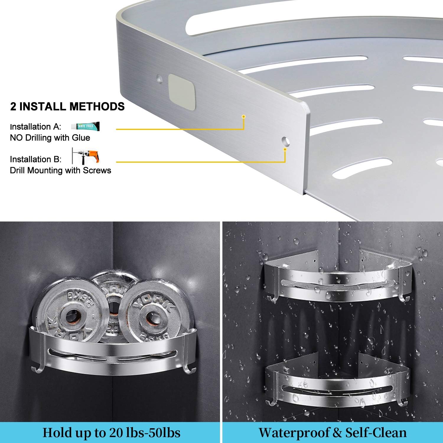 AK KYC Shower Corner Shelf Shower Caddy Wall Mounted Aluminum Bathroom Shelves-Strong Adhesive (No Drilling) in 2 Pack with 4 Removable Hooks Rustproof Aluminum Basket Organizer Hanging Storage-Silver: Home Improvement