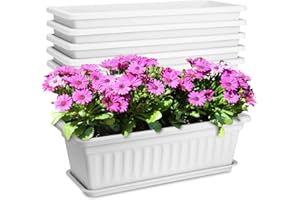 OSMOFUZE 6 Packs Window Box Planter, 17 Inches Flower Window Box Rectangular Plastic Vegetable Planters with Trays for Windowsill, Patio, Garden, Balcony, Porch White