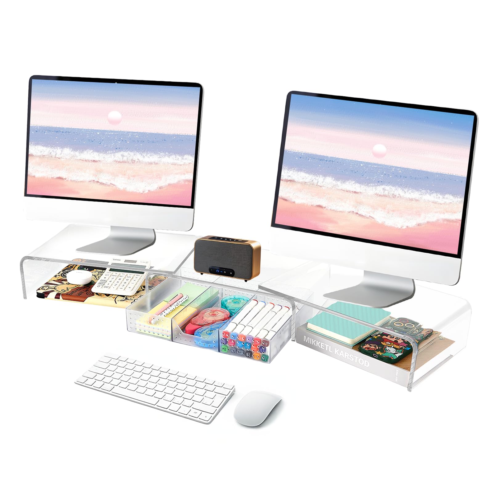 Photo 1 of OPNICE Clear Acrylic Desk Organizers and Accessories, Dual Computer Monitor Stand Riser with Drawer, Desk Shelf for Monitor, Workspace Desktop Organization for Office Supplies