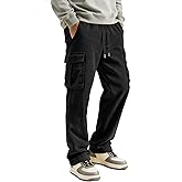 PLEPAN Men's Cargo Corduroy Straight Leg Pants Regular Fit Casual Pants with Pockets Elastic Waist Drawstring Sweatpants