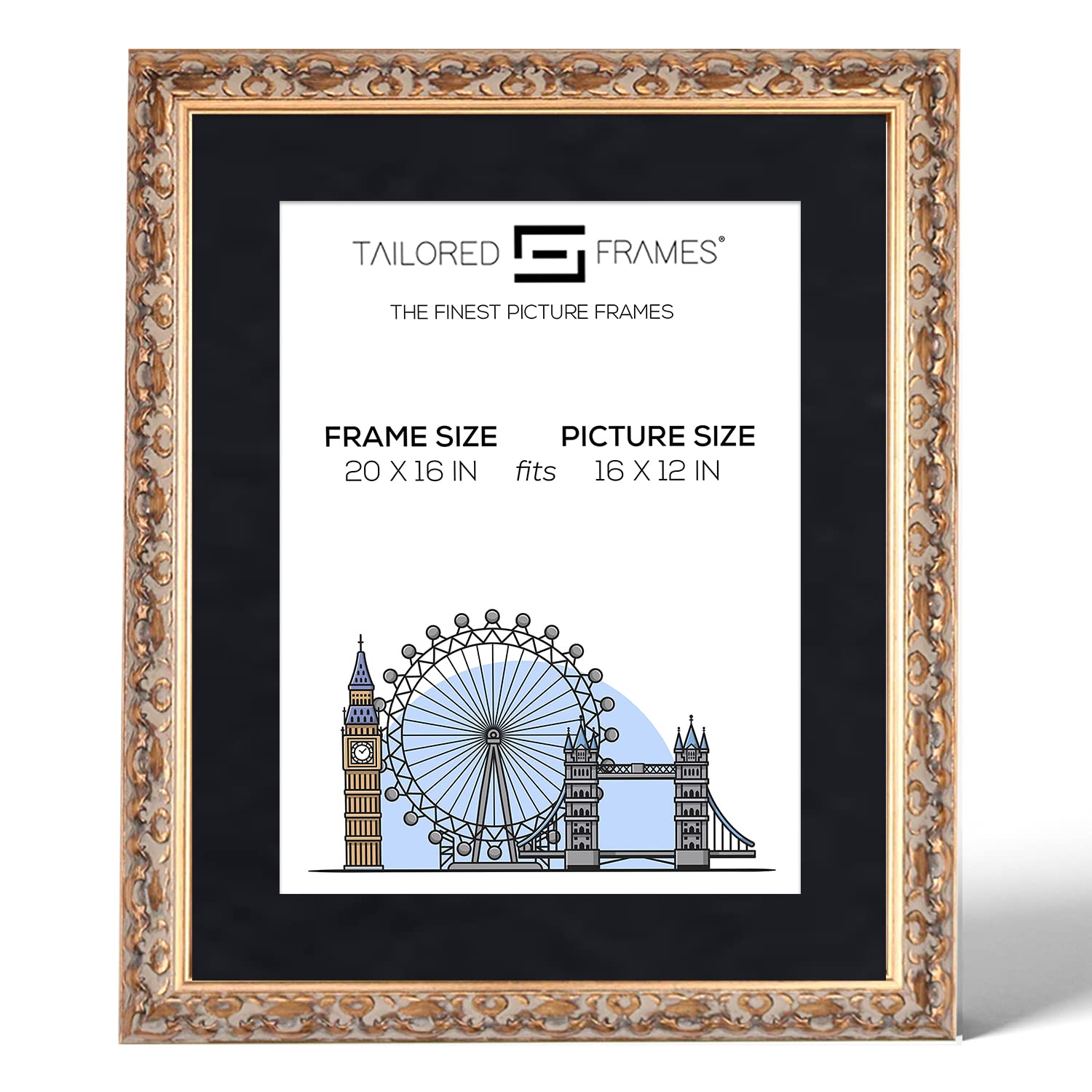 Tailored Frames Vienna Gold 20" x 16" Frame for 16" x 12" Picture | Rustic Style Vintage Single Picture Frame | Wall Hanging Type | Photo Frame with Black Mount