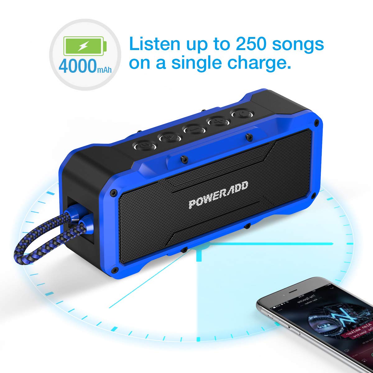 Poweradd MusicFly II + Indoor/Outdoor Portable Bluetooth/Wireless Speakers with 36Watt Loud Volume,Super Big Sound, IPX7 Waterproof, for Pool Beach Party, Blue