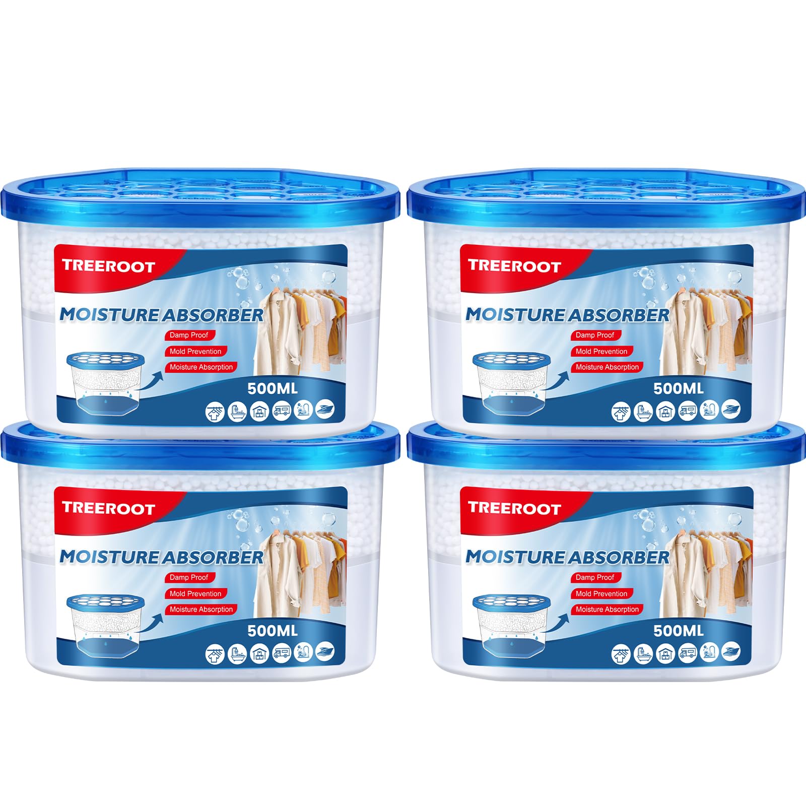 4 Pack Moisture Absorbers, 10.5 OZ Humidity Absorber Bucket, Moisture Absorbers for Closet, Dehumidifier Bucket for Wardrobes, Kitchens and Bathrooms, Fragrance Free Humidity Absorber