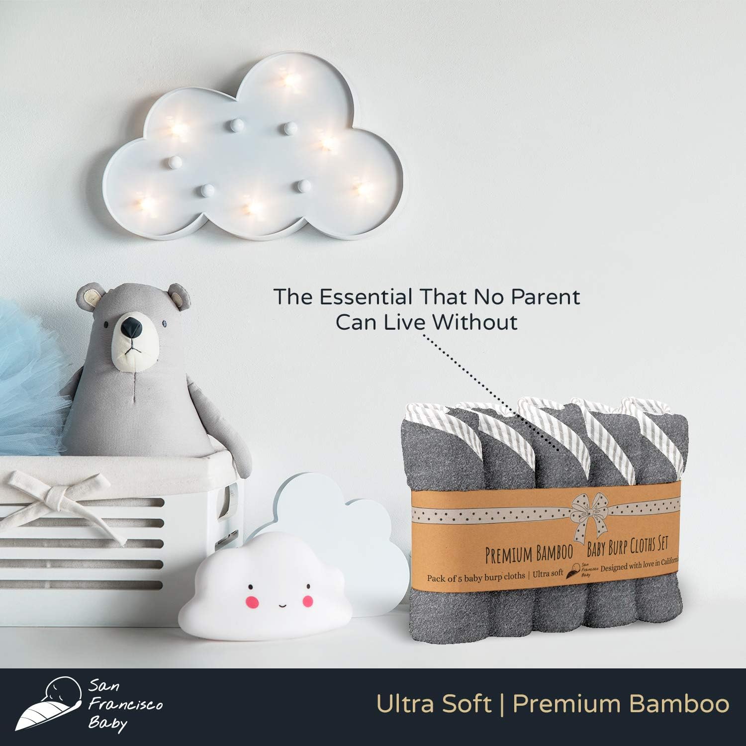 Burp Cloths Unisex 5 Pack Bamboo and Cotton w/ Pacifier Clip - Ultra Soft, Comfortable Fabric - Extra Absorbent Burping Bib for Spit-Ups and Spills - 19 x 9” Baby Burp Cloths Gray: Baby